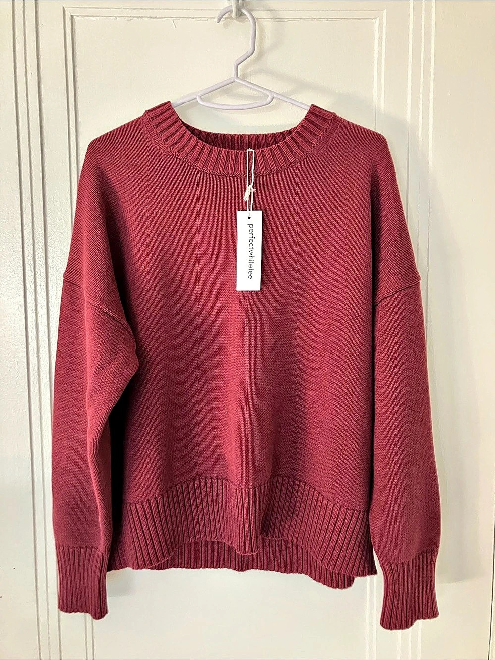 perfectwhitetee Janet Cotton Boxy Crewneck Sweater Burgundy XS